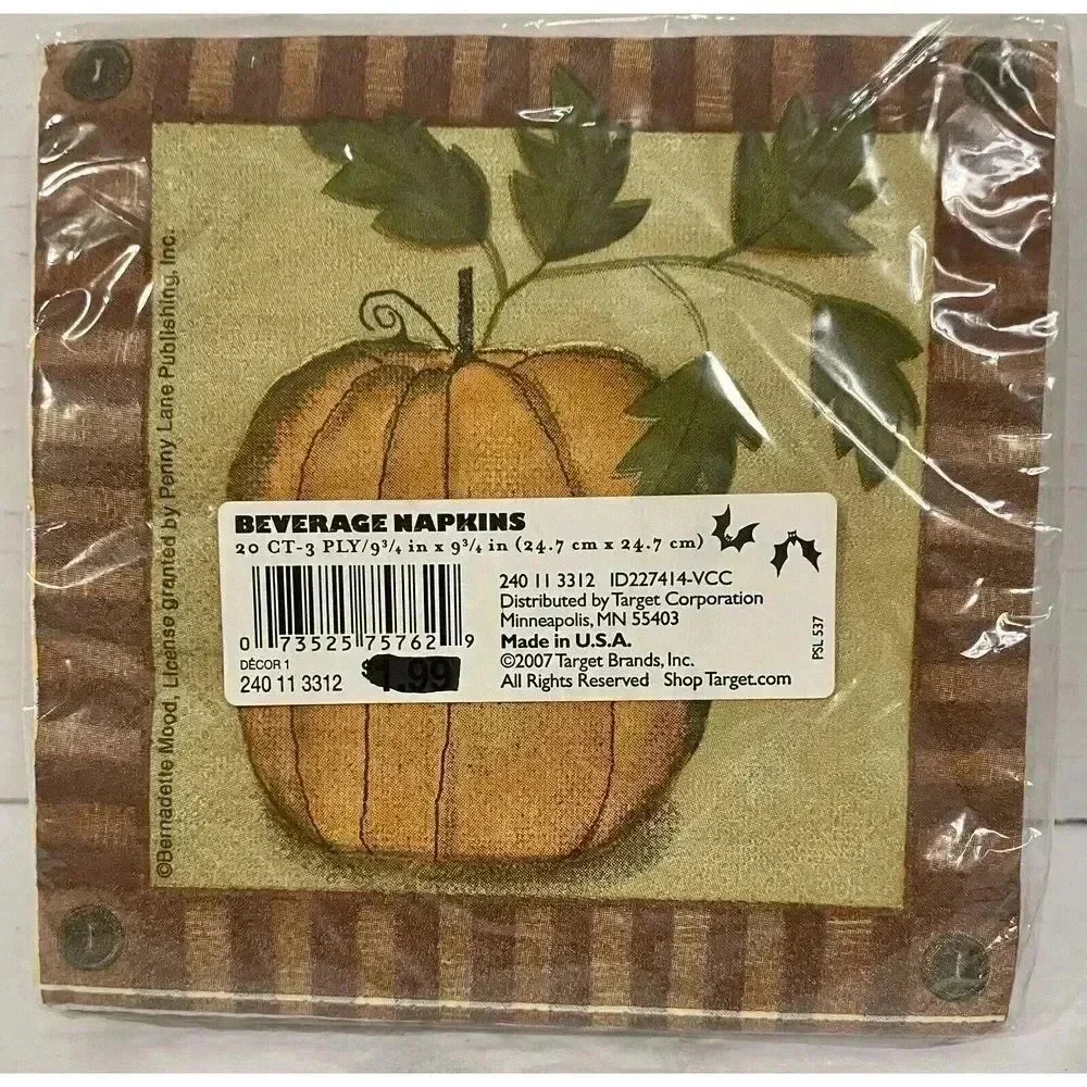 Pumpkin Paper Cocktail‎ Beverage Napkins 20 Count Triple-Ply 5” x 5”